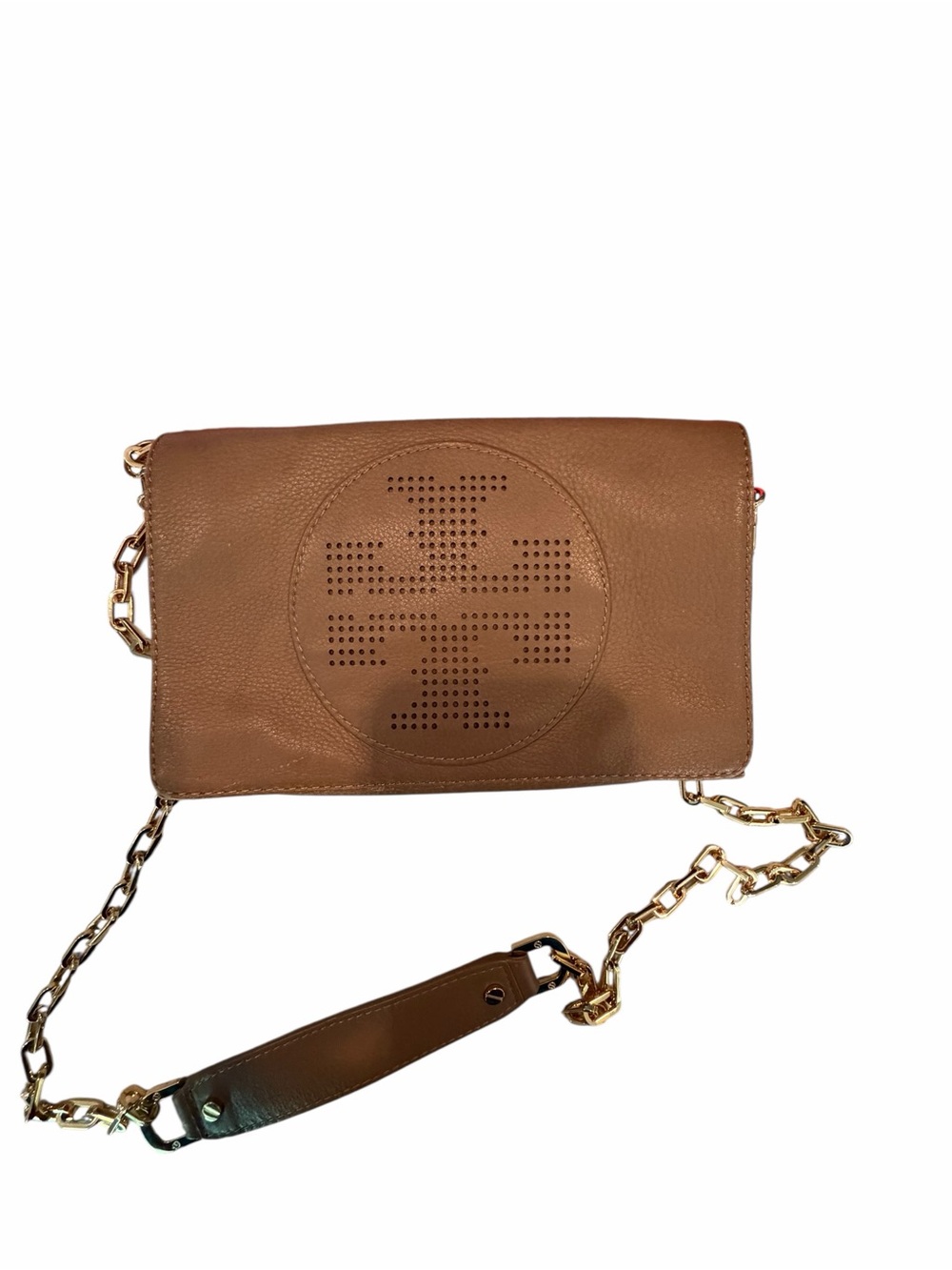 Tory Burch Kipp Brown Perforated Logo Leather Crossbody Bag excellent w/dust bag